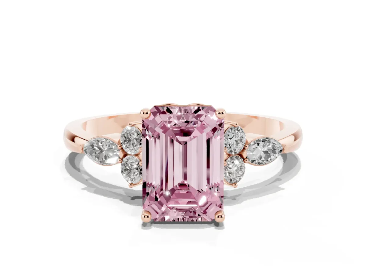 Fancy Pink Emerald Cut Brilliant Diamond Solitaire Ring with Pear Side Stones and Four-Prong Setting Rose gold