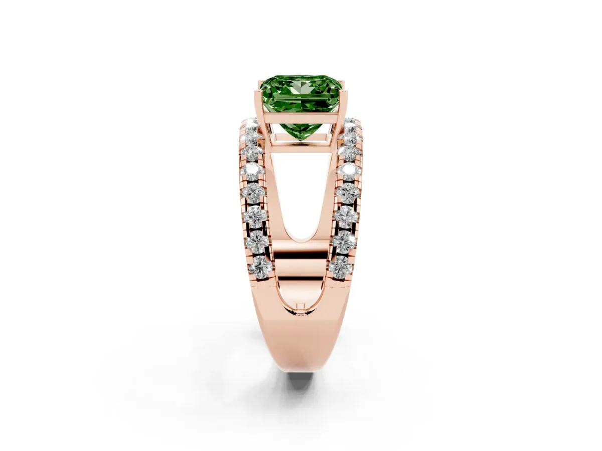 Fancy Green Princess Cut Solitaire Split Shank Pave Diamond Ring Rose gold
