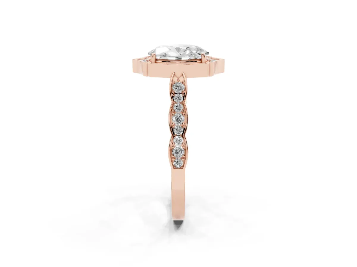 Oval Cut Halo Diamond Engagement Ring with Milgrain Band and Four-Prong Setting Rose gold