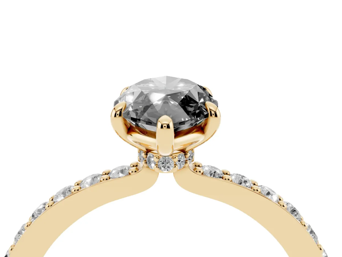 Fancy Black Marquise Cut Diamond Pavé Engagement Ring with Round Accents and Prong Setting Yellow gold