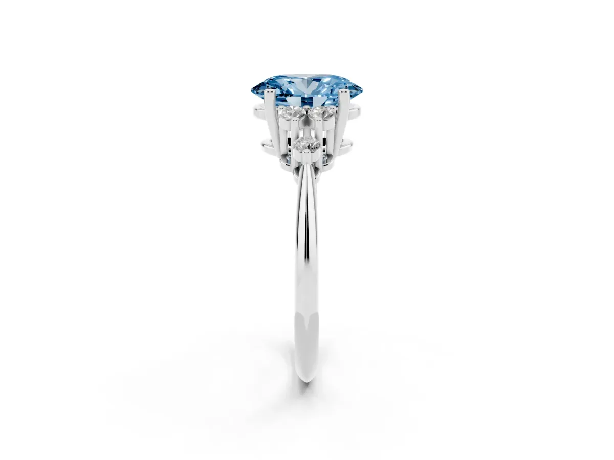 Fancy Blue Oval Cut Cut Diamond Cluster Ring with Solitaire Band and Four-Prong Setting Silver