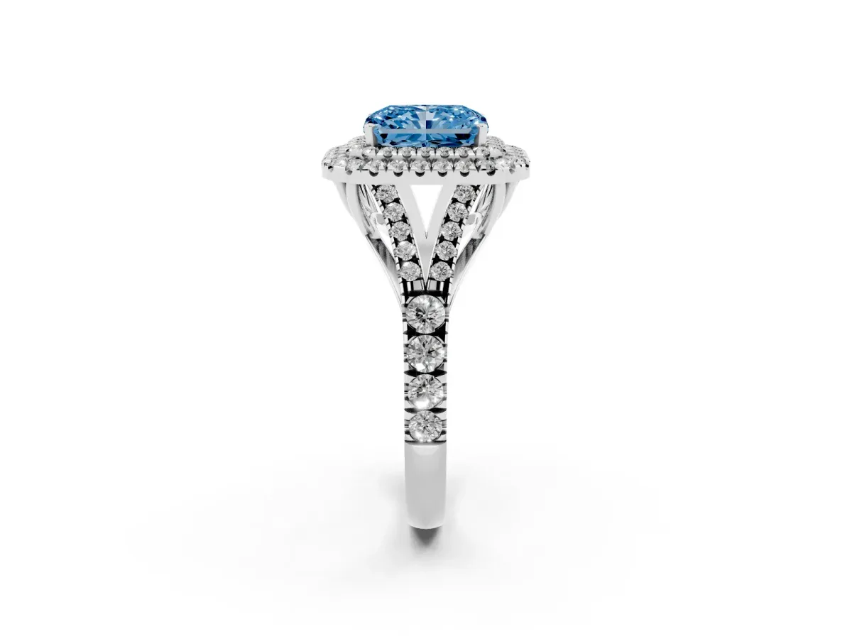 Fancy Blue Radiant Cut Diamond Pavé Split Shank Double Halo Engagement Ring Silver
