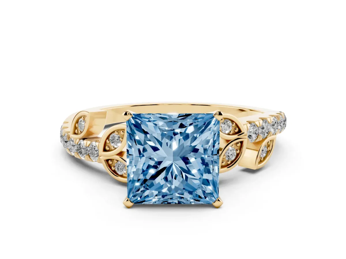 Fancy Blue Princess Cut Solitaire Leaf-Inspired Diamond Ring with Pavé Band and Four-Prong Setting Yellow gold
