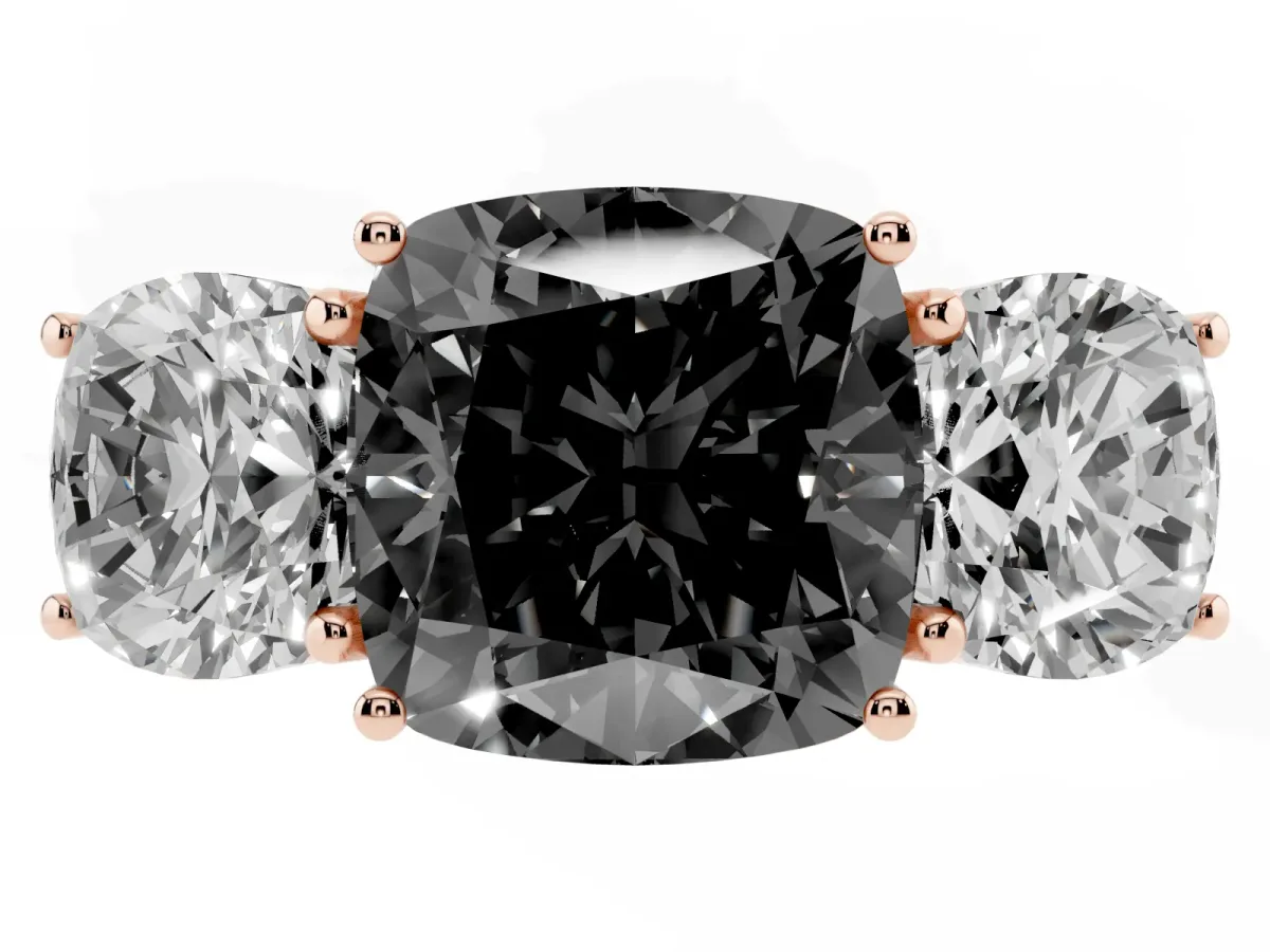 Fancy Black Three-Stone Cushion Cut Diamond Braided Band Ring with Four-Prong Setting Rose gold