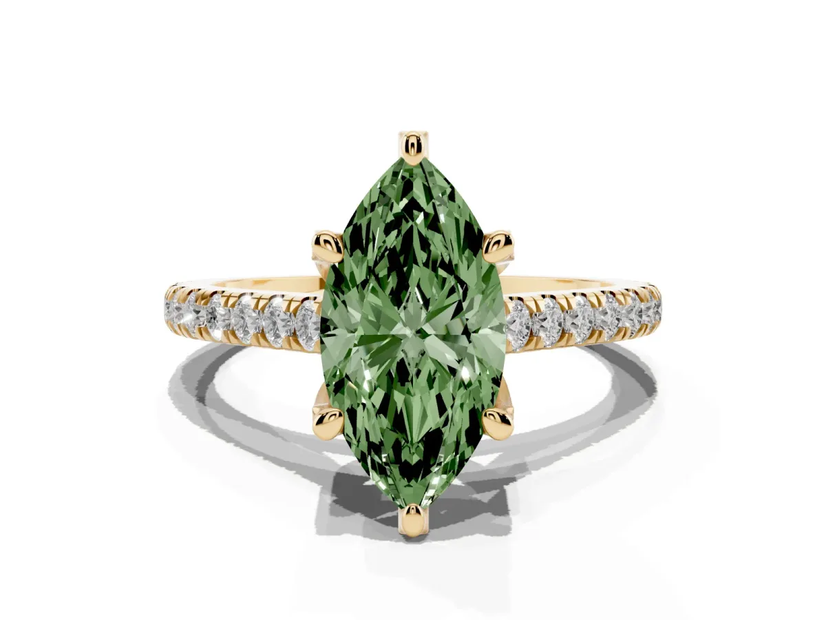 Fancy Green Marquise Cut Brilliant Diamond Solitaire with Pavé Band and Four-Prong Setting Yellow gold