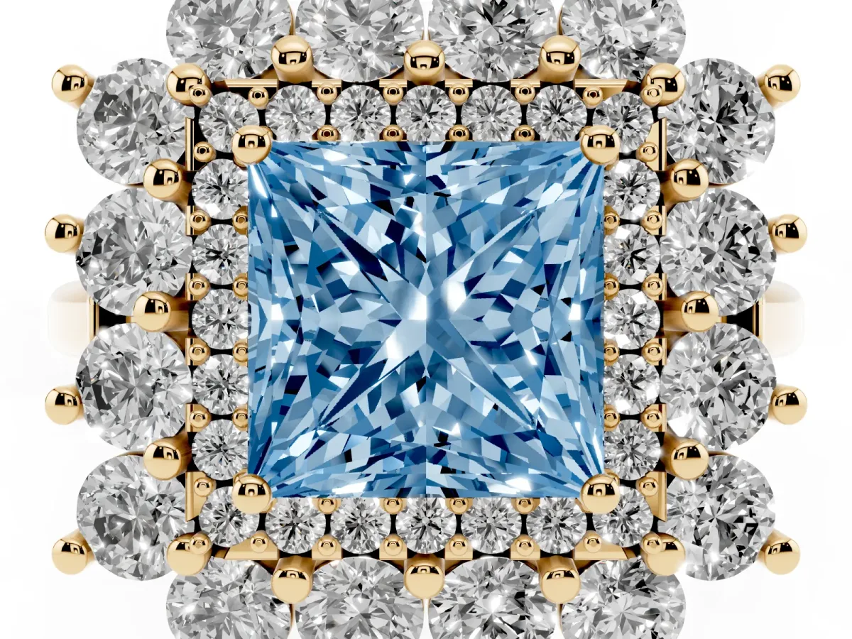 Fancy Blue Princess Cut Diamond Floral Double Halo Engagement Ring with Prong Setting Yellow gold