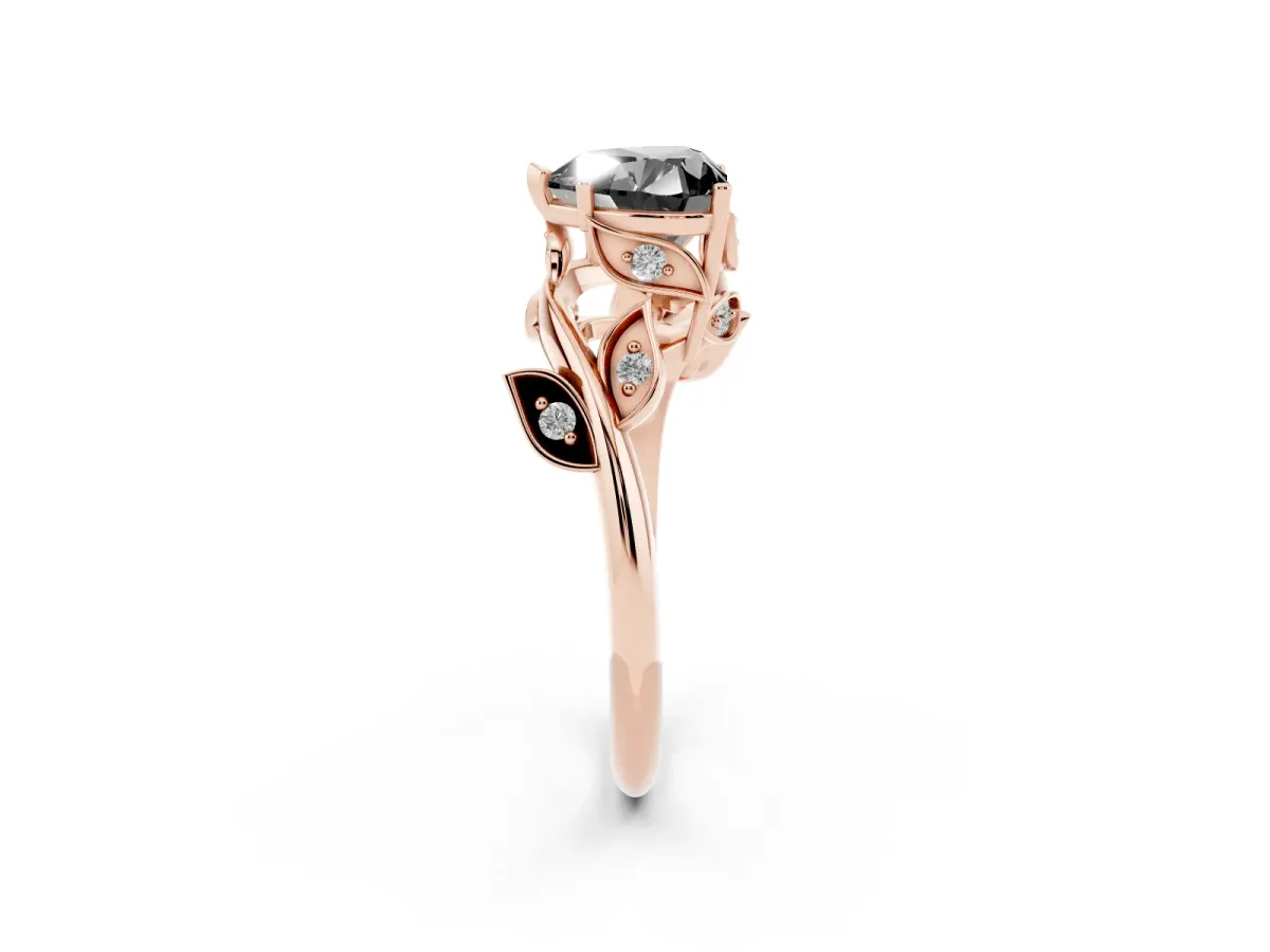 Fancy Black Heart Cut Solitaire Twist Engagement Ring with Leaf Accents and Prong Setting Rose gold