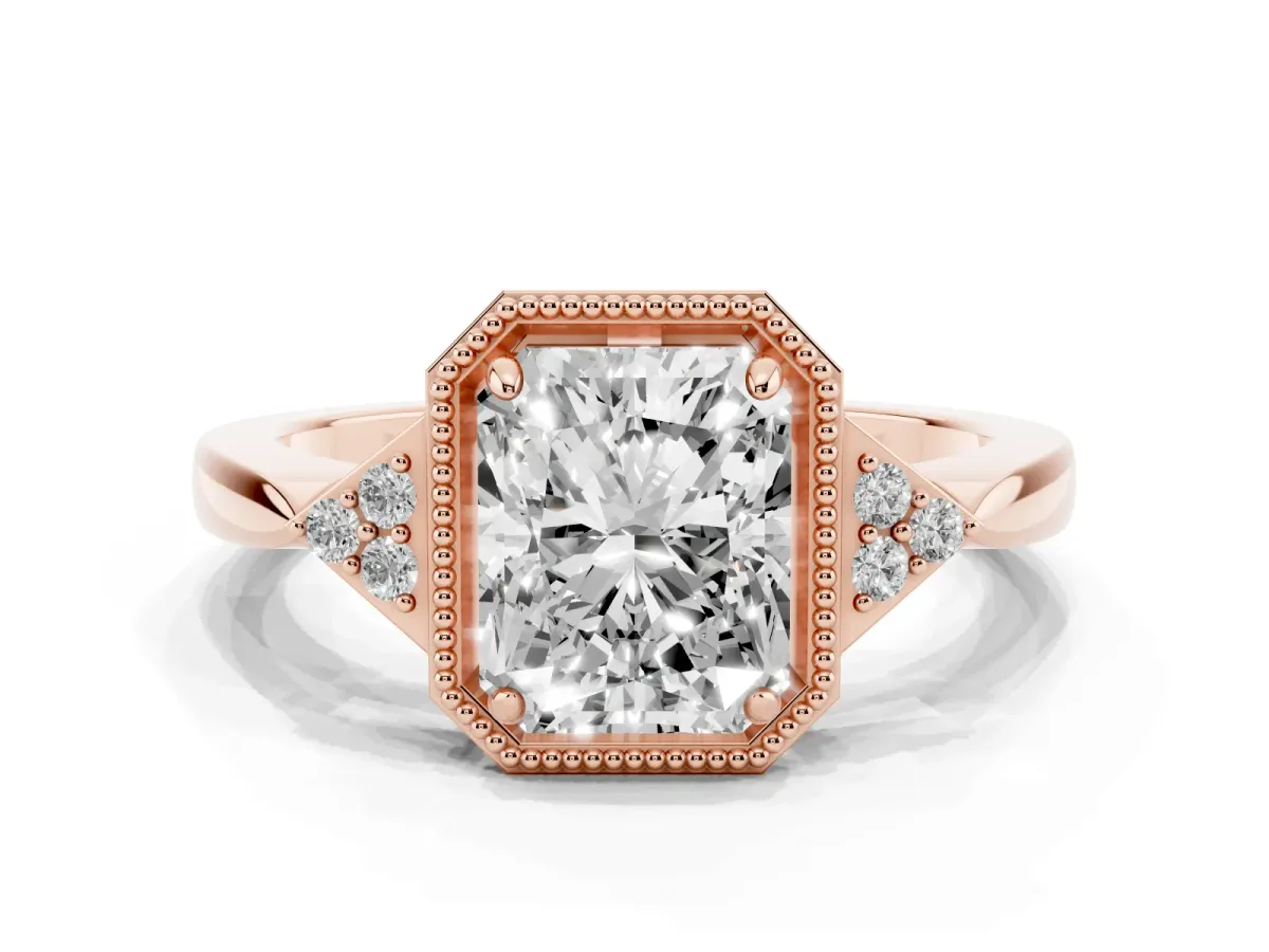 Radiant Cut Diamond Halo Ring with Tapered Band and Four-Prong Setting Rose gold