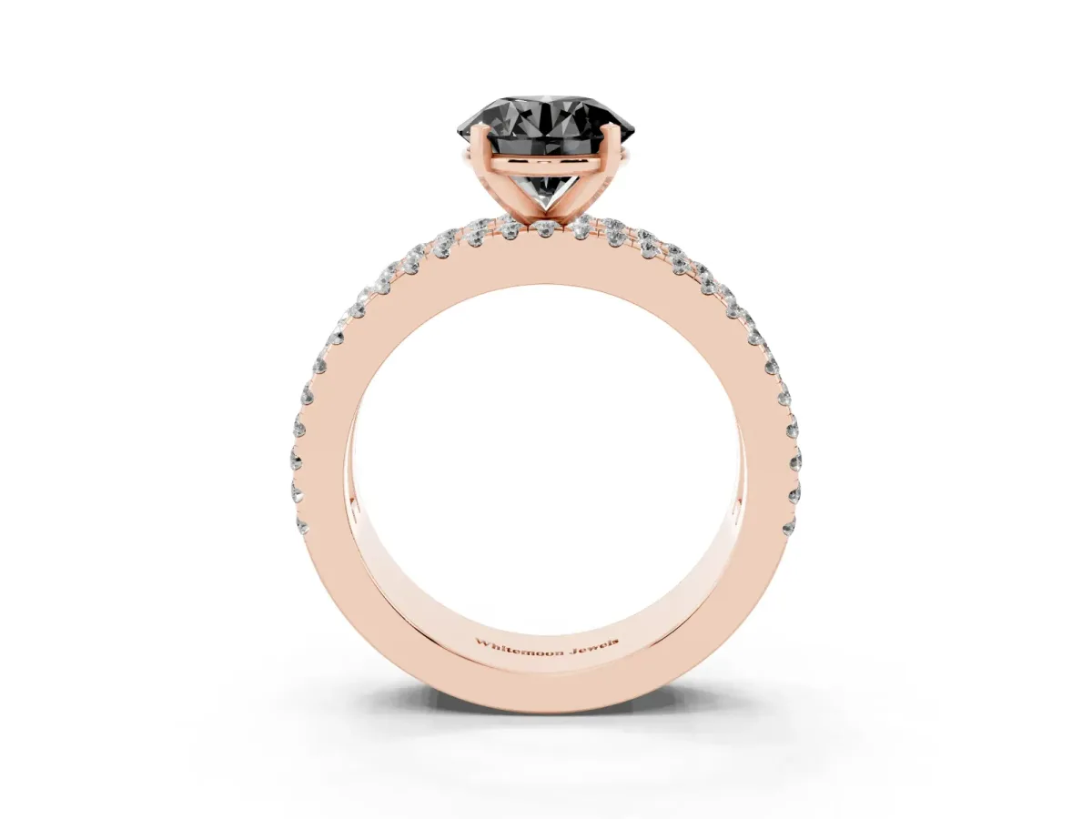 Fancy Black Round Cut Diamond Solitaire Ring with Pavé and Channel Set Band Rose gold