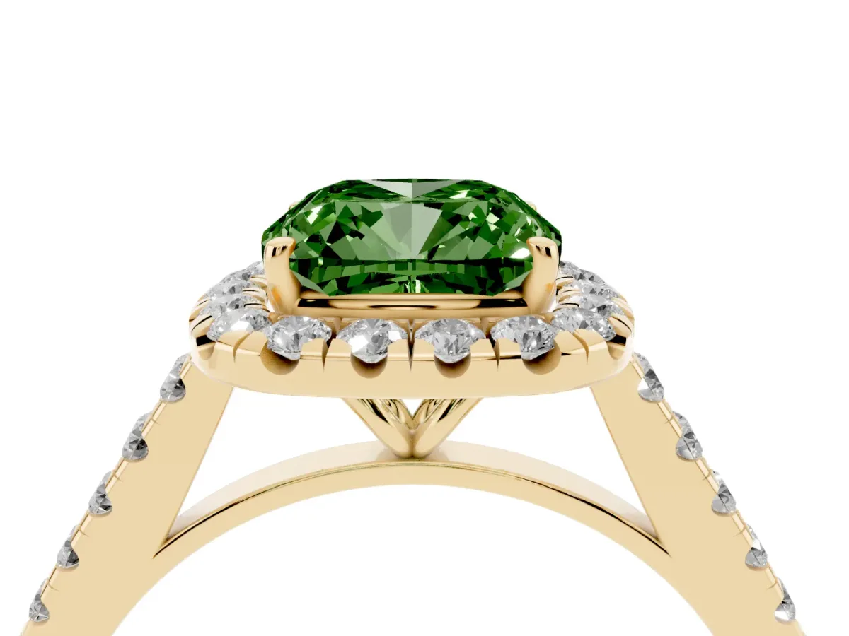Fancy Green Cushion Cut Halo Pave Diamond Engagement Ring with Four-Prong Setting Yellow gold