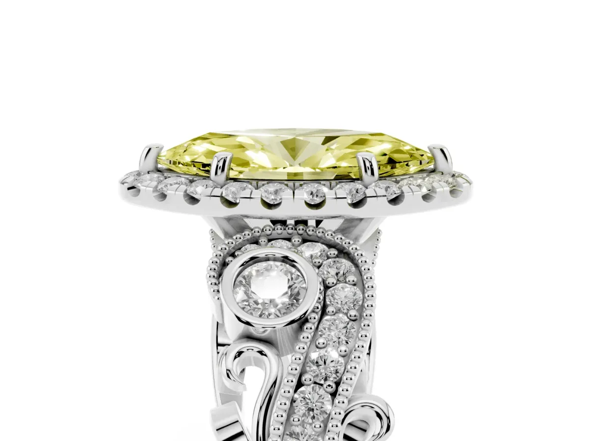 Fancy Yellow Marquise Cut Halo Diamond Ring with Milgrain and Bezel Accents on a Split Shank Band White gold