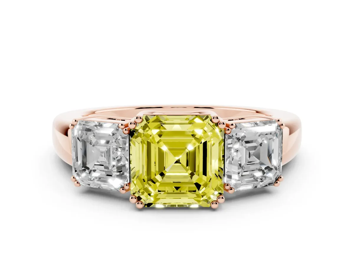 Fancy Yellow Three-Stone Asscher Cut Cut Diamond Ring with Channel Set Band and Four-Prong Setting Rose gold
