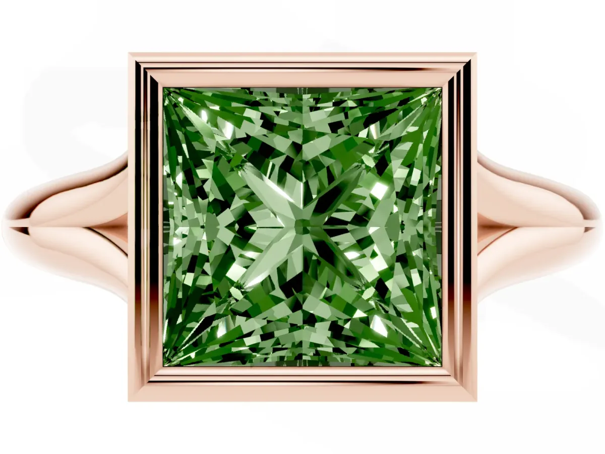 Fancy Green Bezel Set Princess Cut Solitaire Diamond Ring with Smooth Band Rose gold