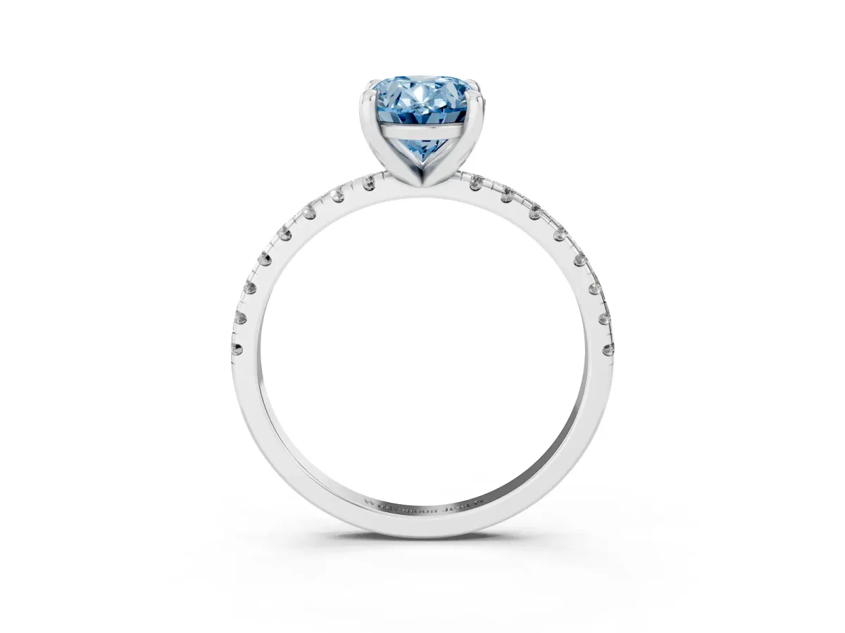 Fancy Blue Oval Cut Diamond Brilliant Solitaire Ring with Pavé Band and Four-Prong Setting Platinum