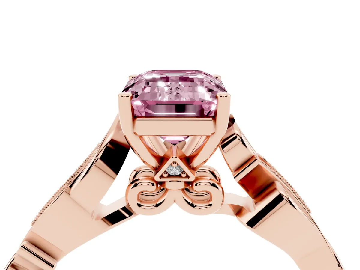 Fancy Pink Emerald Cut Solitaire Vine Band with Milgrain Prong Setting Rose gold
