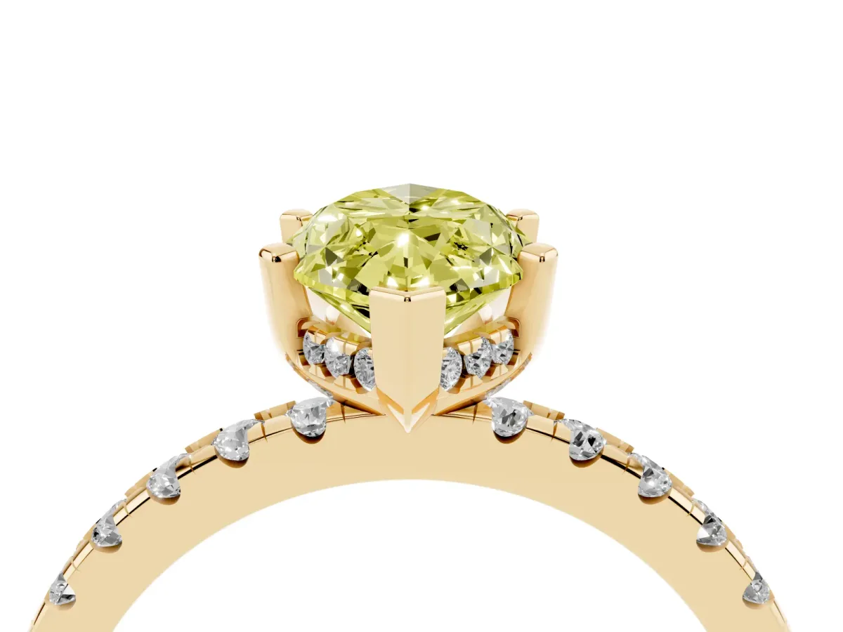 Fancy Yellow Marquise Cut Diamond Solitaire Ring with Round Pavé Band and Four-Prong Setting Yellow gold