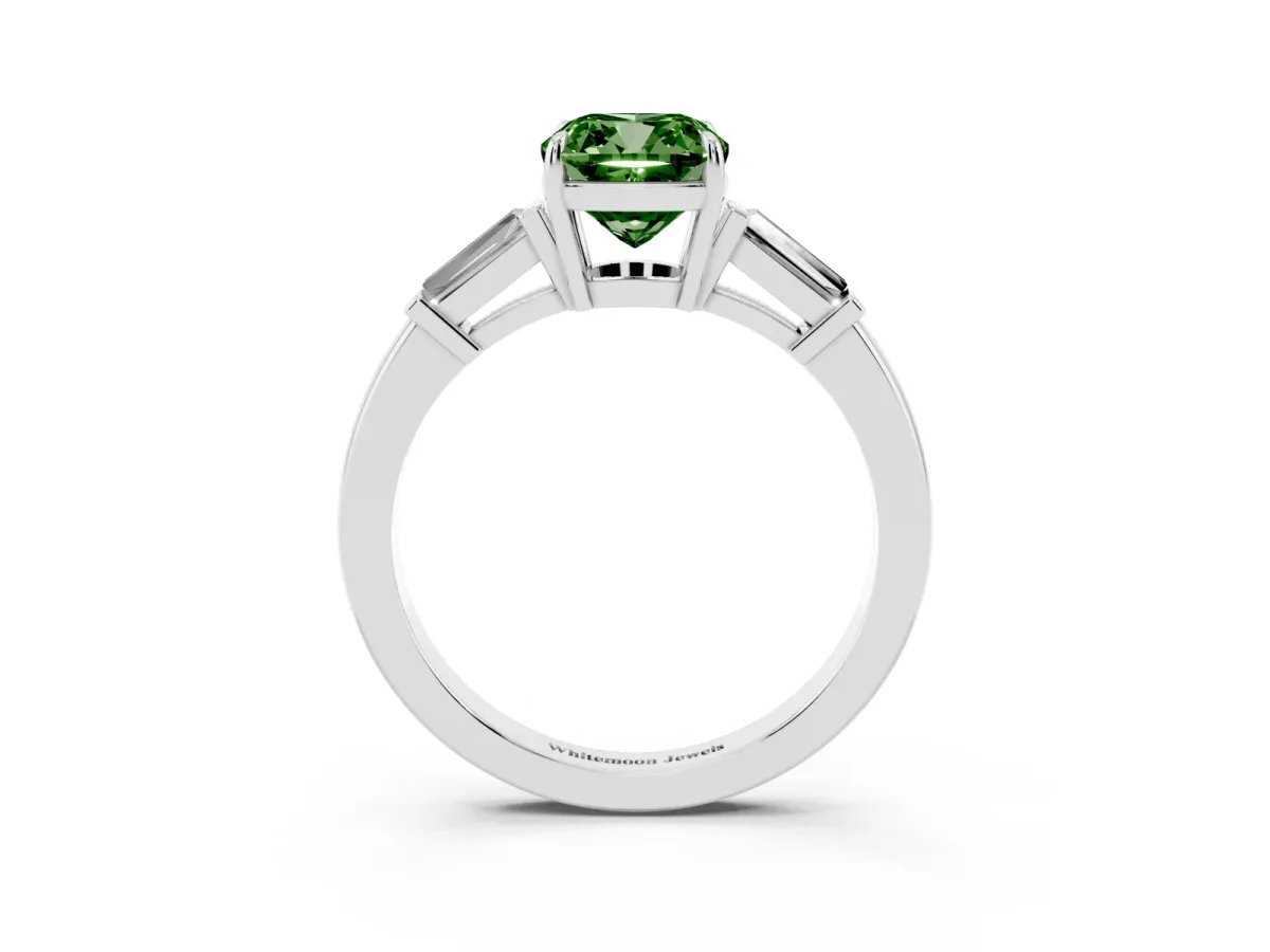 Fancy Green Cushion Cut Diamond Three-Stone Ring with Tapered Baguette Side Stones and Prong Setting Silver