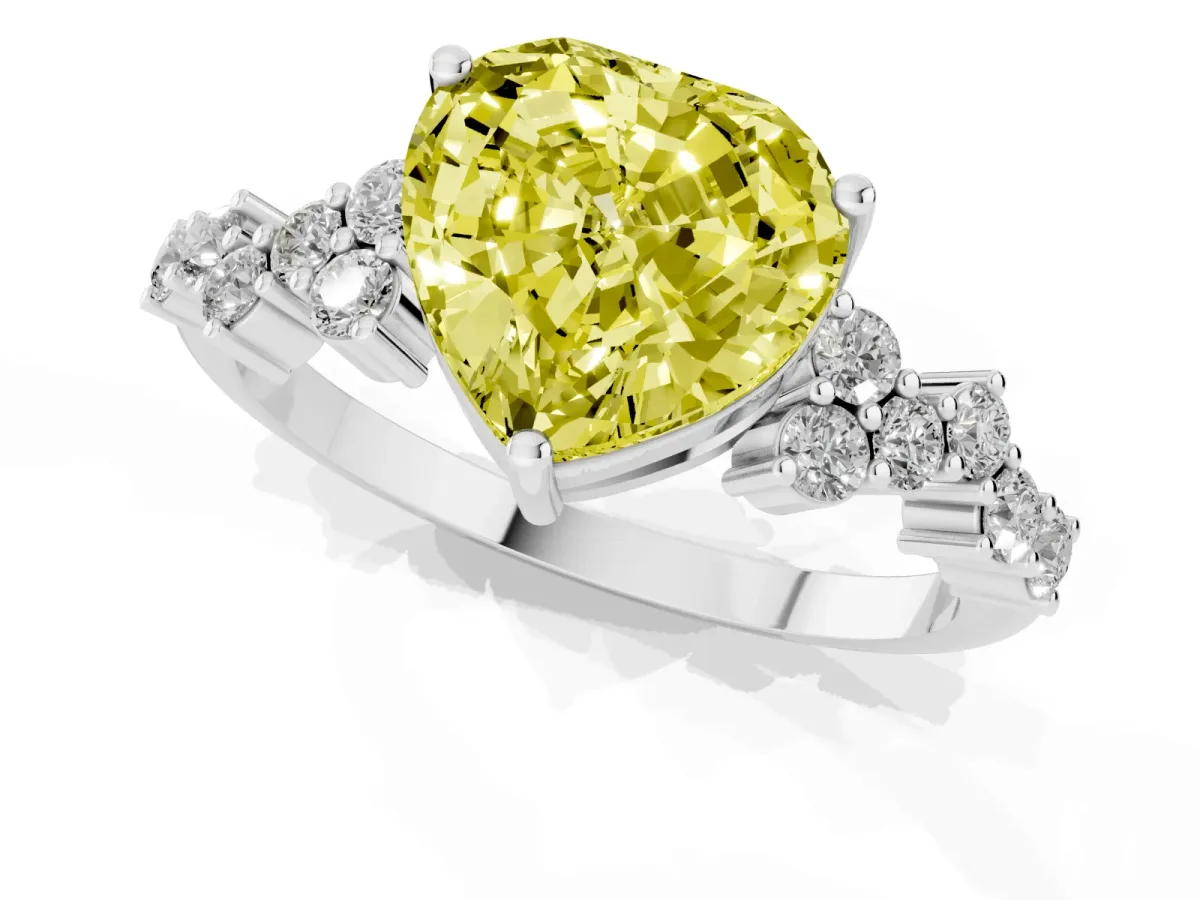 Fancy Yellow Heart Cut Diamond Scattered Round Accent Ring with Prong Setting Silver