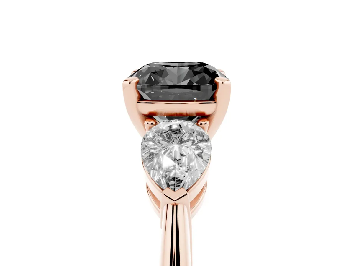 Fancy Black Three-Stone Cushion Cut Diamond Ring with Pear Side Stones and Four-Prong Setting Rose gold
