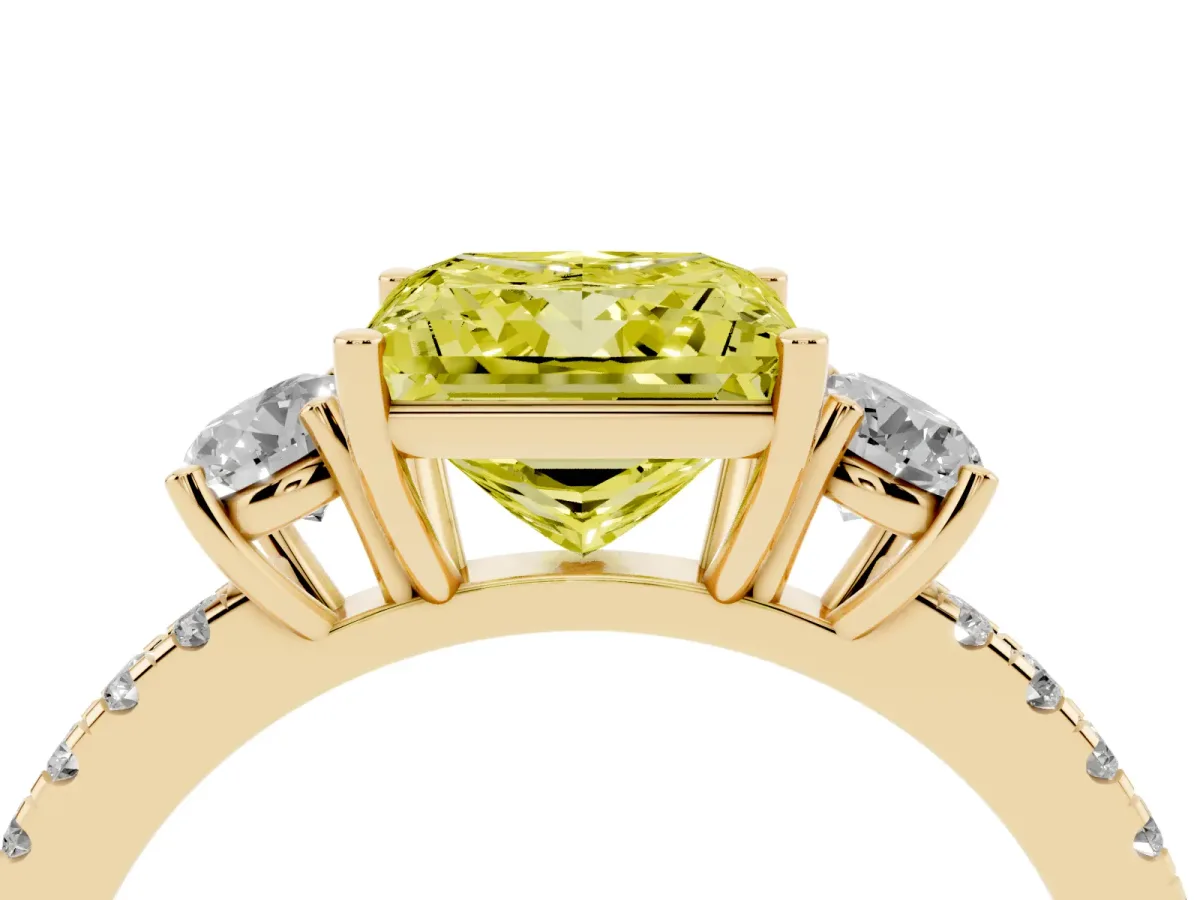 Fancy Yellow Three-Stone Princess Cut Cut Diamond Pavé Band with Prong Setting Yellow gold