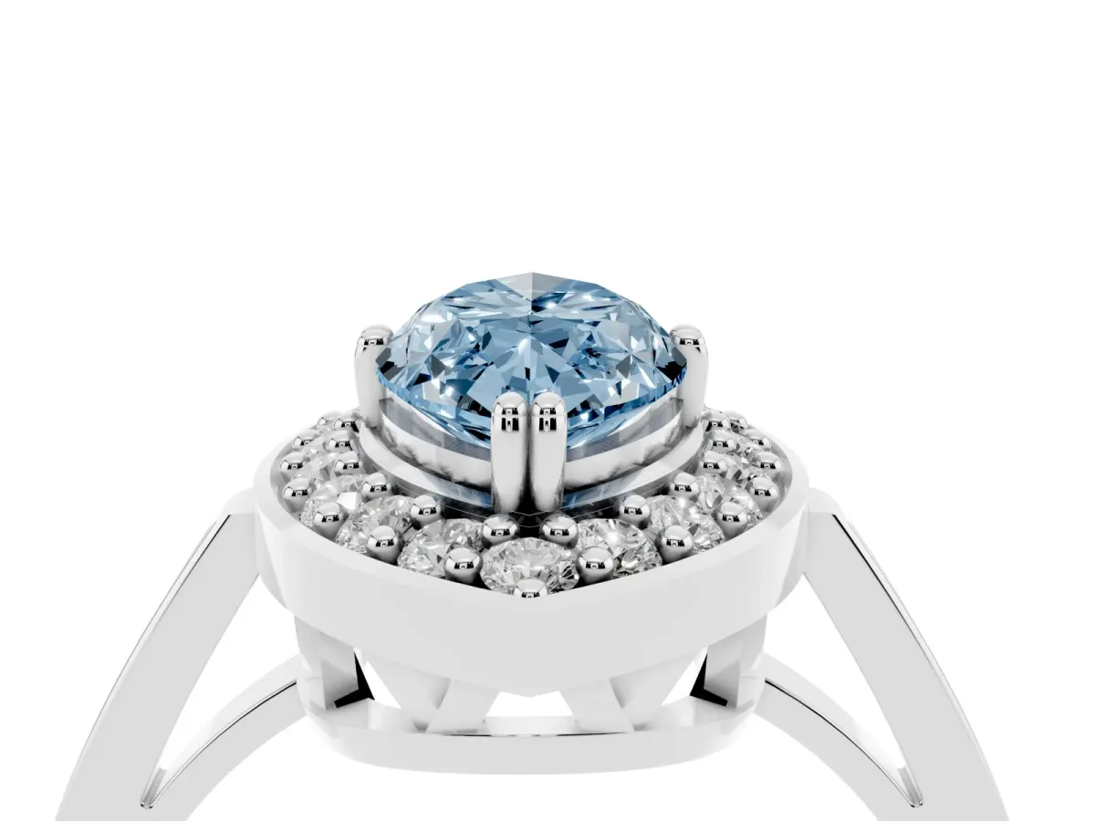 Fancy Blue Marquise Cut Diamond Halo Ring with Split Shank and Four-Prong Setting Platinum