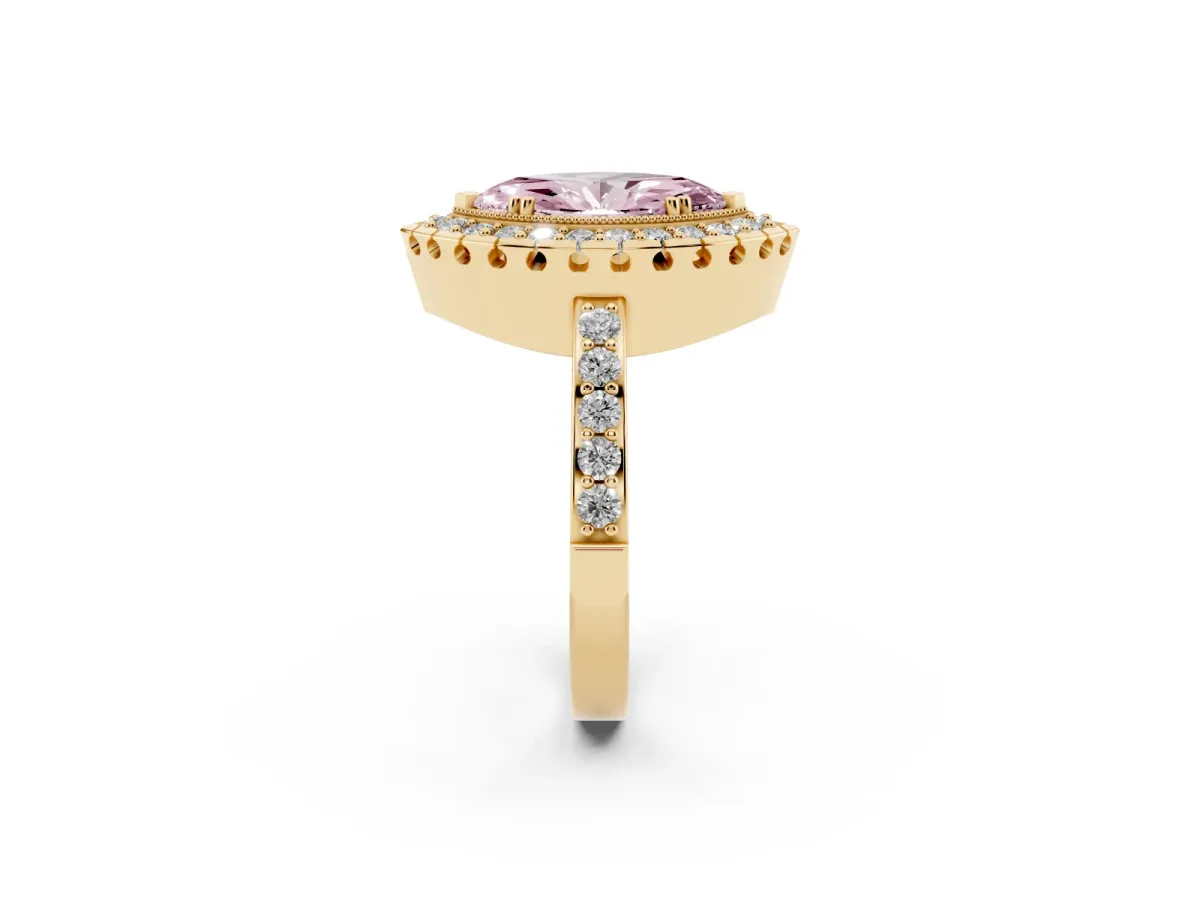 Fancy Pink Marquise Cut Diamond Halo Ring with Pavé Band and Prong Setting Yellow gold