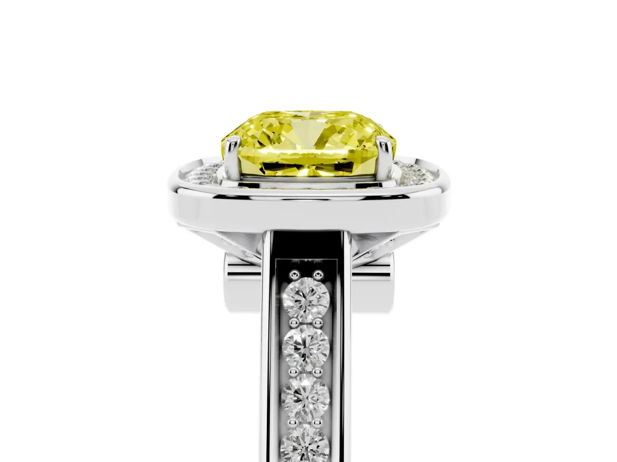 Fancy Yellow Cushion Cut Halo Solitaire Diamond Ring with Pave Band and Bezel Setting Platinum