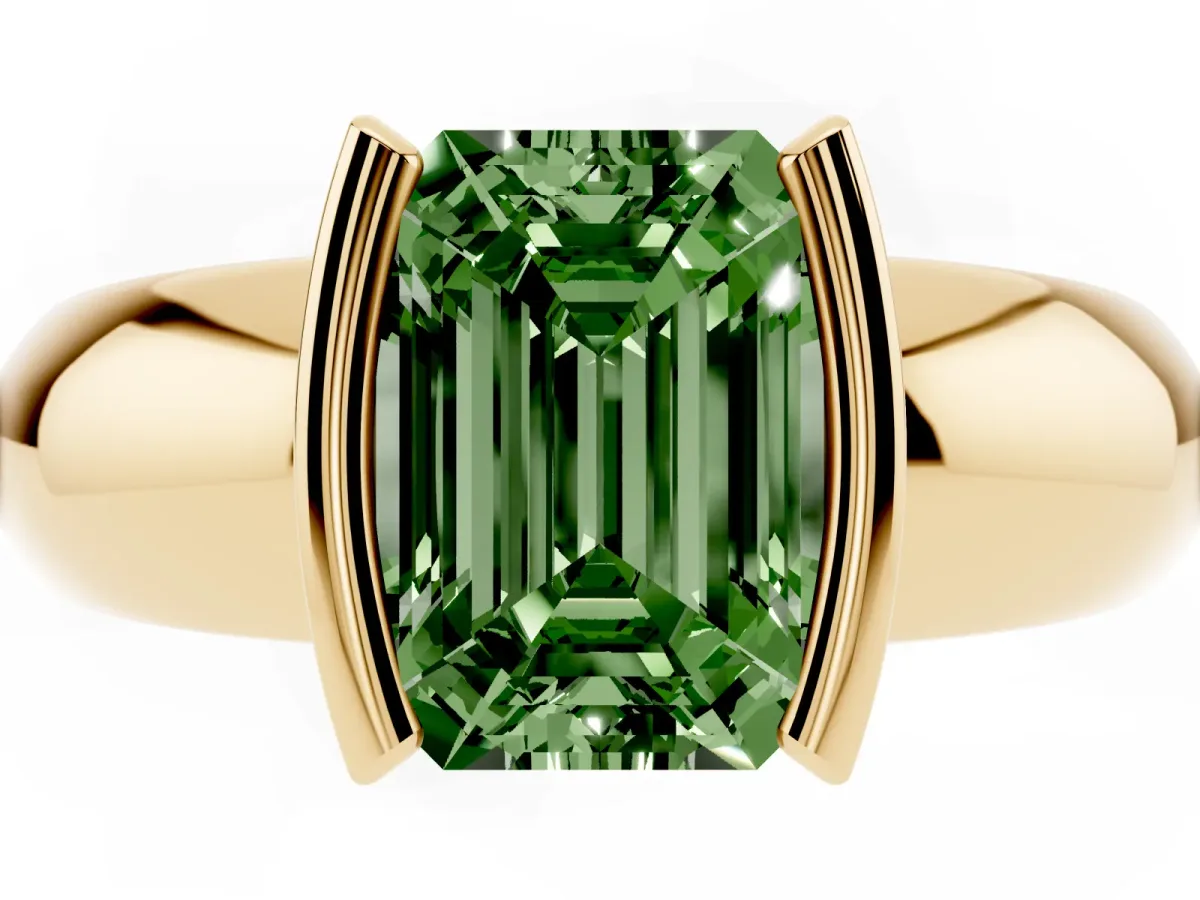 Fancy Green Emerald Cut Solitaire Tension Set Diamond Ring with Wide Band Yellow gold
