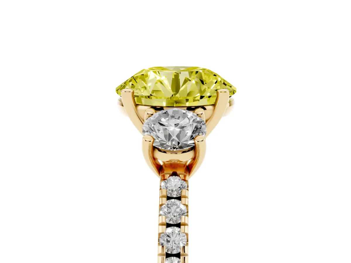 Fancy Yellow Three-Stone Round Cut Cut Diamond Pavé Band with Prong Setting Yellow gold