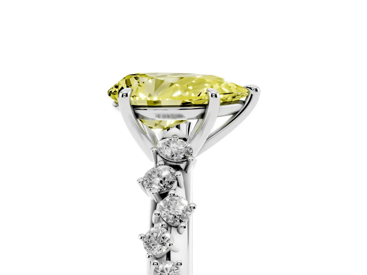 Fancy Yellow Pear Cut Diamond Cluster Side Stone Solitaire Ring with Prong Setting Silver