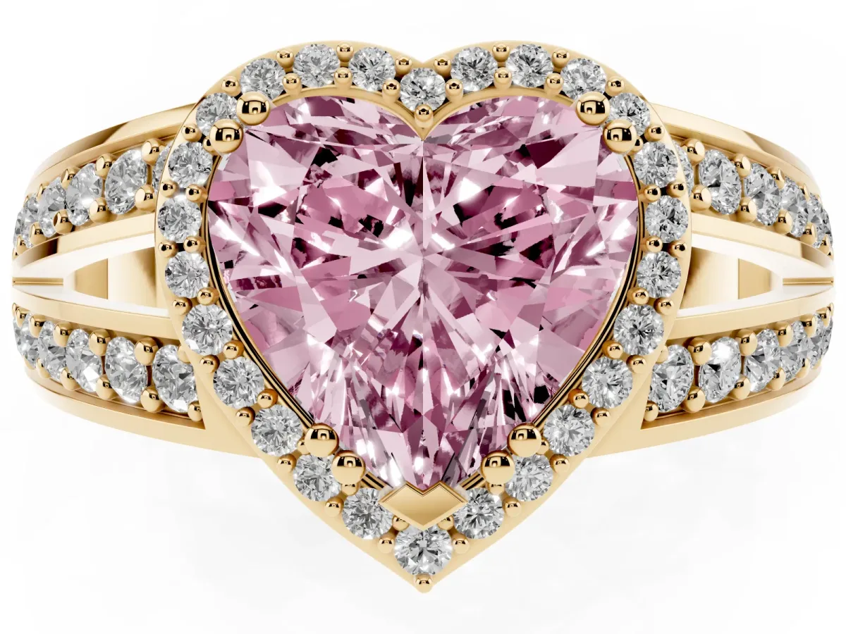 Fancy Pink Heart Cut Diamond Halo Ring with Split Shank Pavé Band and Four-Prong Setting Yellow gold