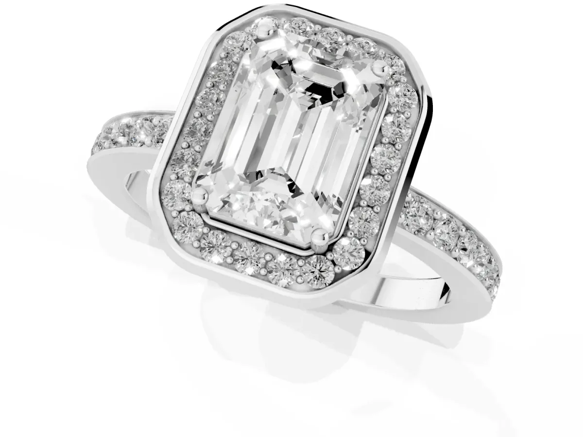 Emerald Cut Diamond Halo Ring with Bezel Frame and Pavé Band Platinum