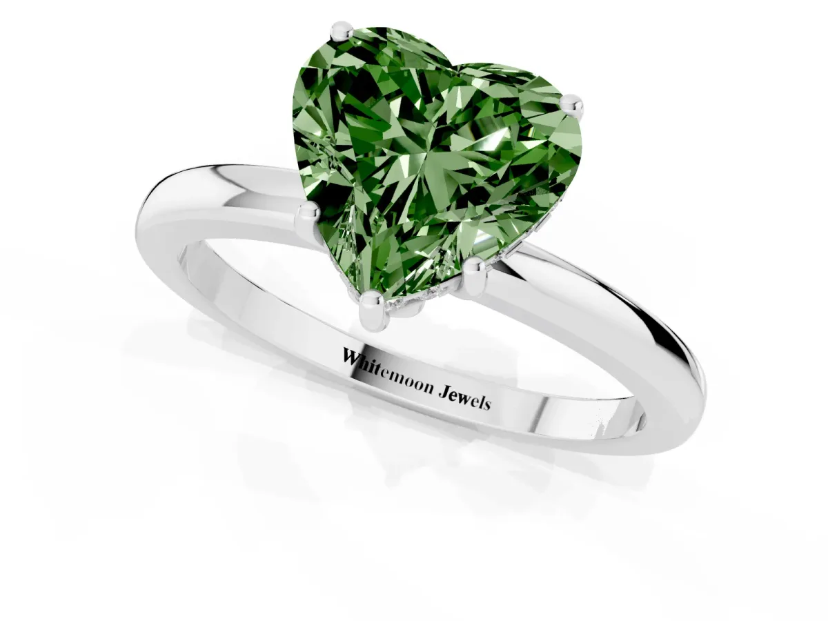 Fancy Green Heart Cut Solitaire Diamond Ring with Prong Setting and Plain Band White gold