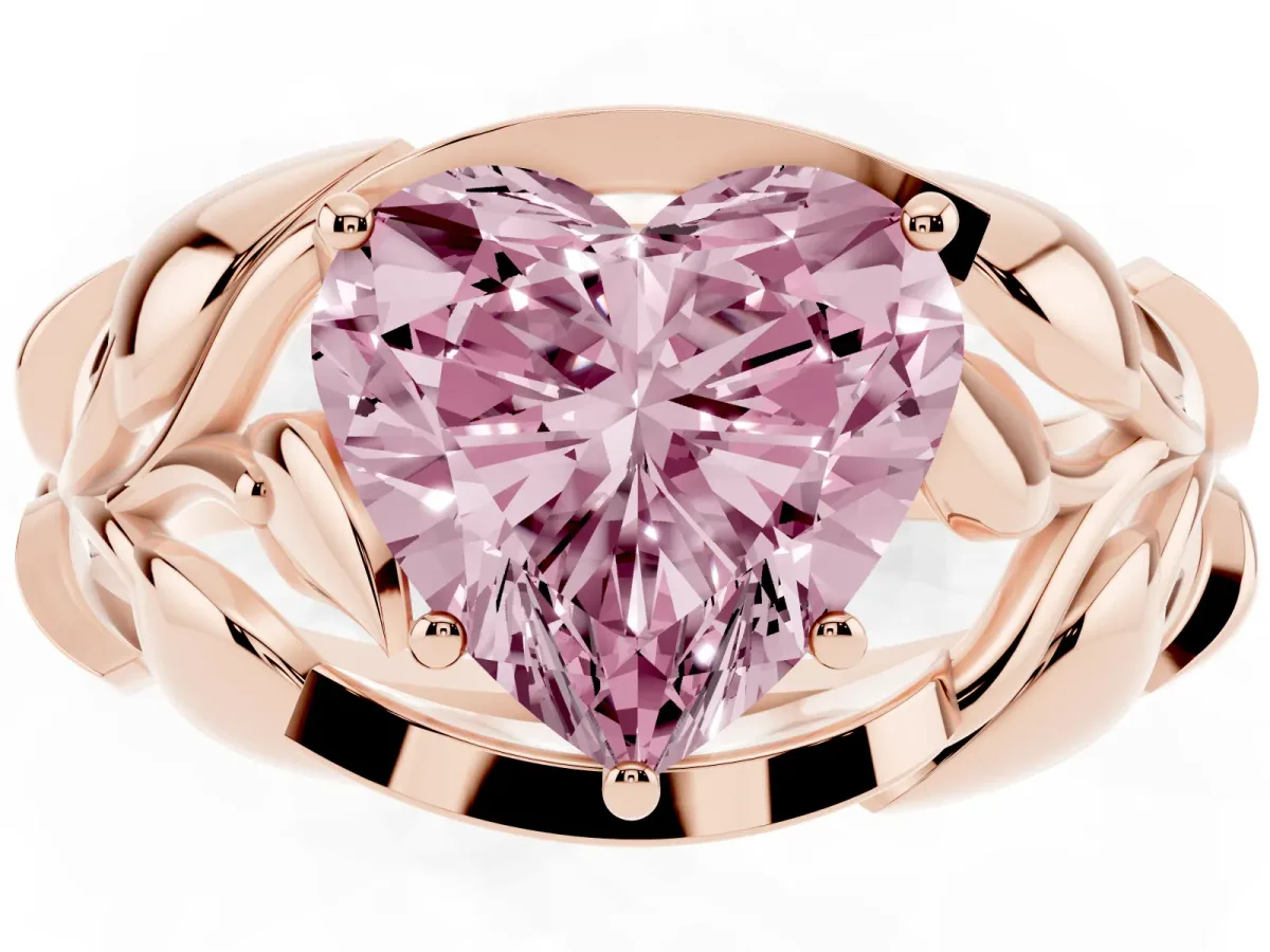 Fancy Pink Heart Cut Diamond Leaf-Inspired Engagement Ring with Round Accents and Prong Setting Rose gold