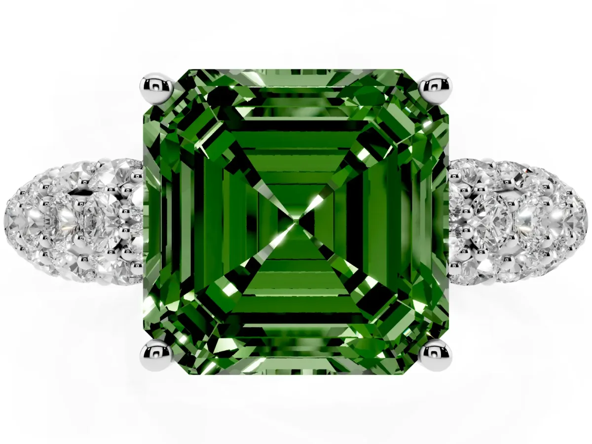 Fancy Green Asscher Cut Diamond Pavé Band Solitaire Ring with Four-Prong Setting Silver