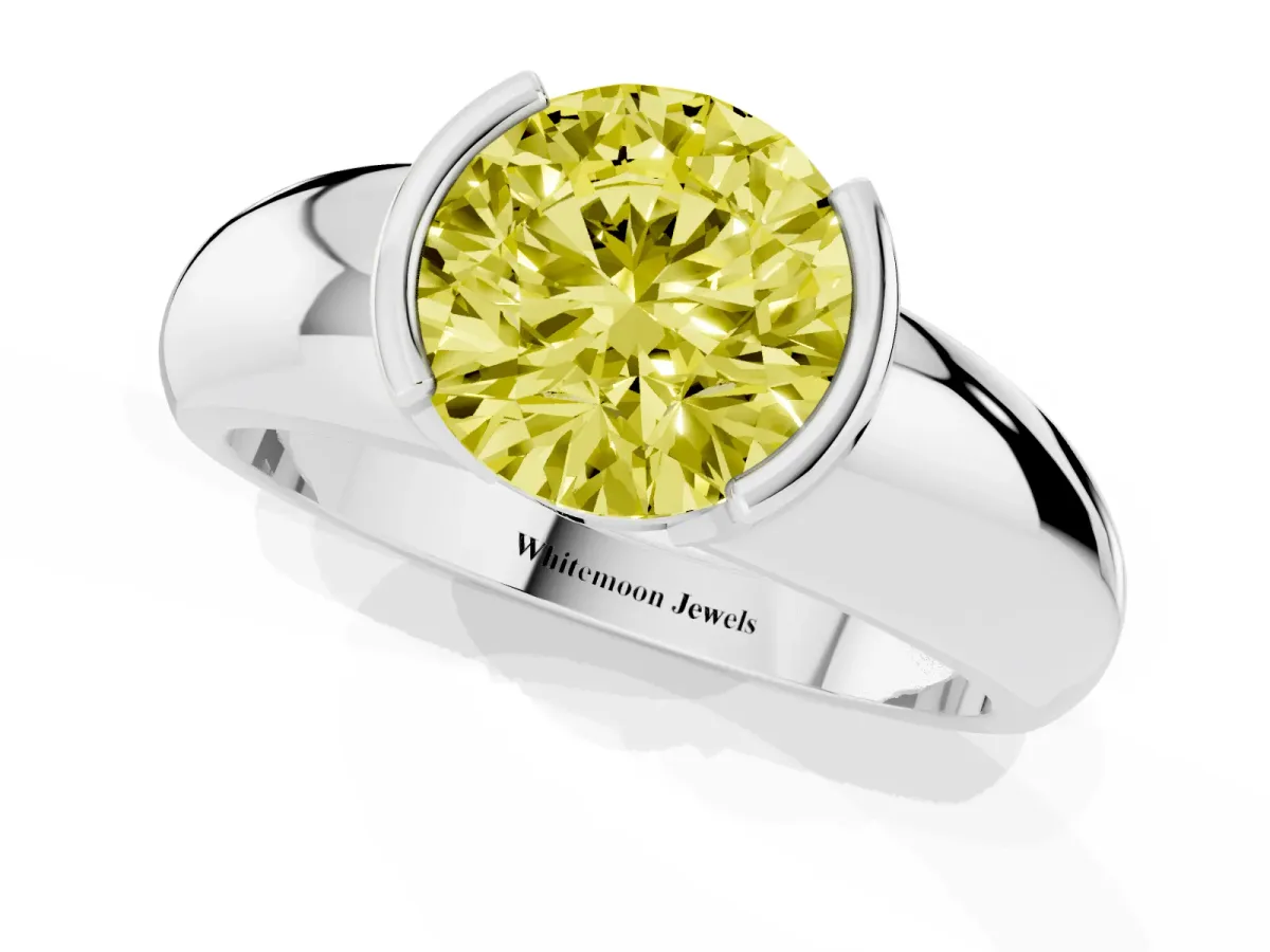 Fancy Yellow Round Cut Solitaire Tension Set Diamond Ring with Wide Band Platinum