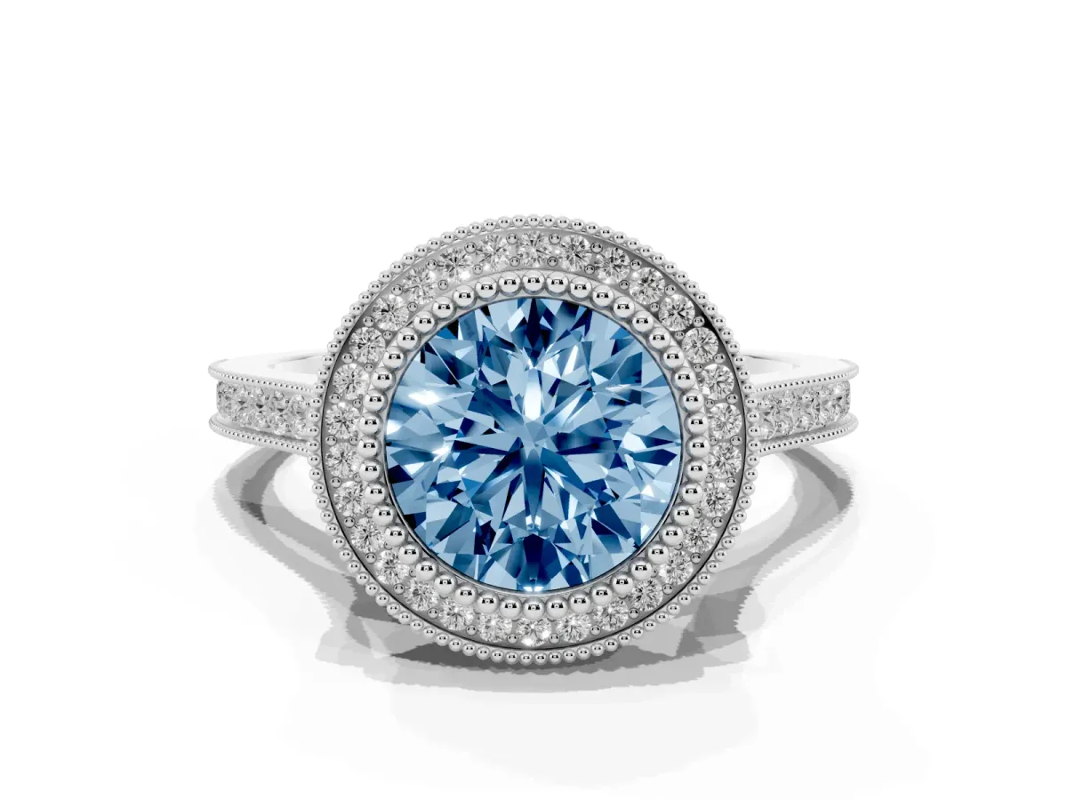 Fancy Blue Round Cut Diamond Halo Ring with Milgrain Frame and Pavé Band White gold