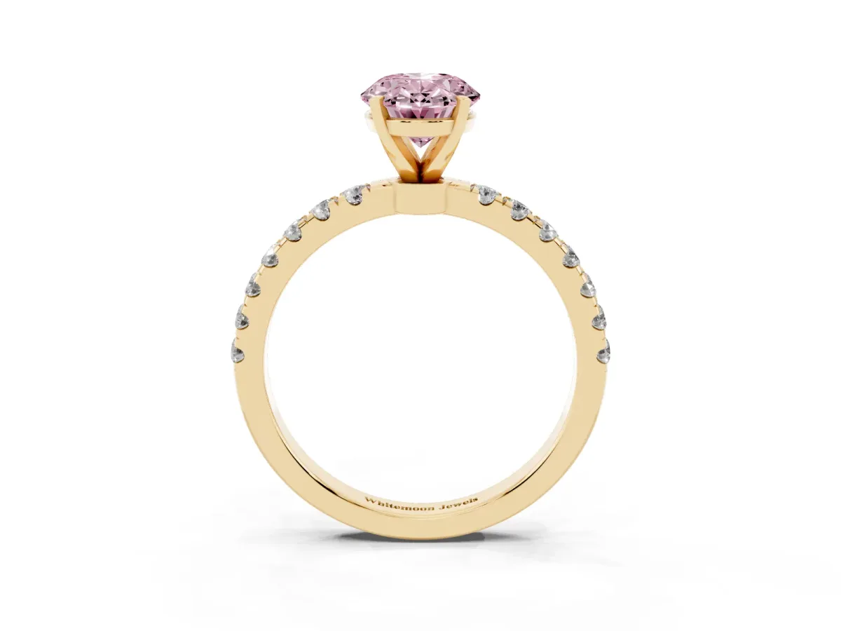 Fancy Pink Oval Cut Diamond Solitaire Ring with Pavé Accents and Four-Prong Setting Yellow gold