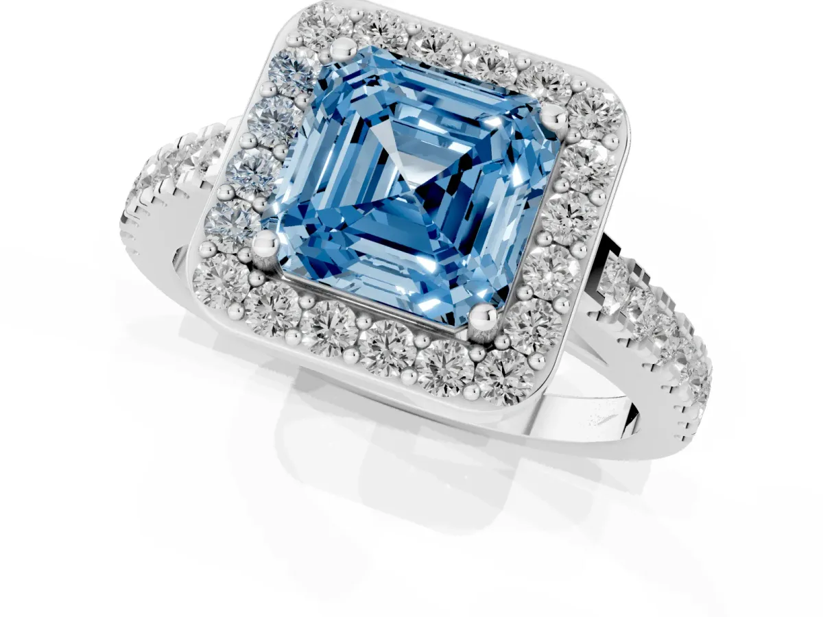 Fancy Blue Asscher Cut Diamond Halo Ring with Round Pavé Split Shank and Prong Setting Silver