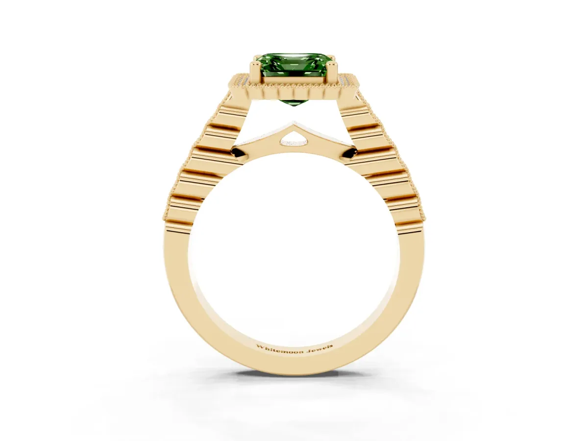 Fancy Green Asscher Cut Cut Halo Pavé Solitaire Ring with Milgrain Band Yellow gold