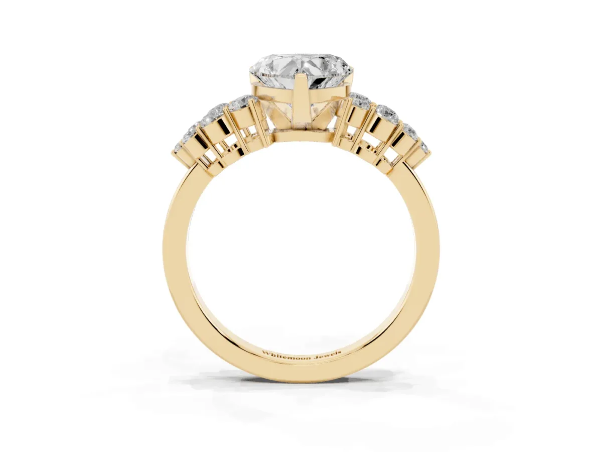 Heart Cut Cluster Diamond Engagement Ring with Pavé Band and Four-Prong Setting Yellow gold