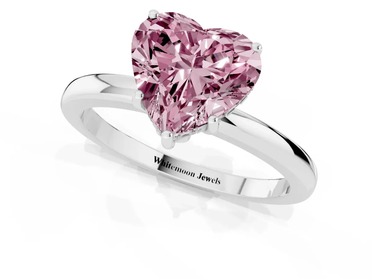 Fancy Pink Heart Cut Solitaire Diamond Ring with Prong Setting and Plain Band Platinum