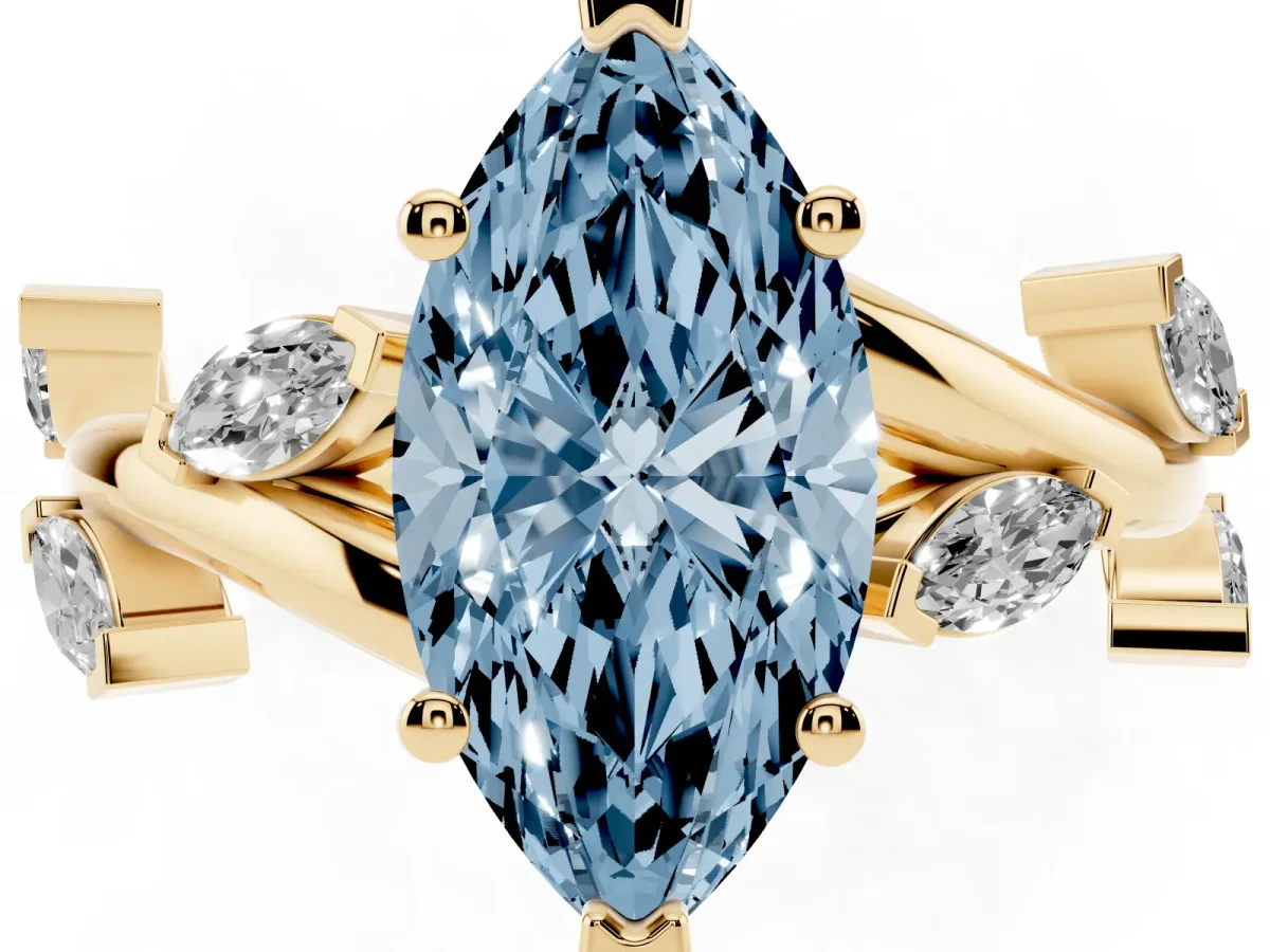 Fancy Blue Marquise Cut Solitaire Twisted Band Marquise Accent Prong Setting Ring Yellow gold