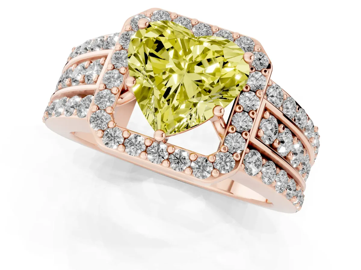 Fancy Yellow Heart Cut Halo Diamond Ring with Round Split Shank and Prong Setting Rose gold