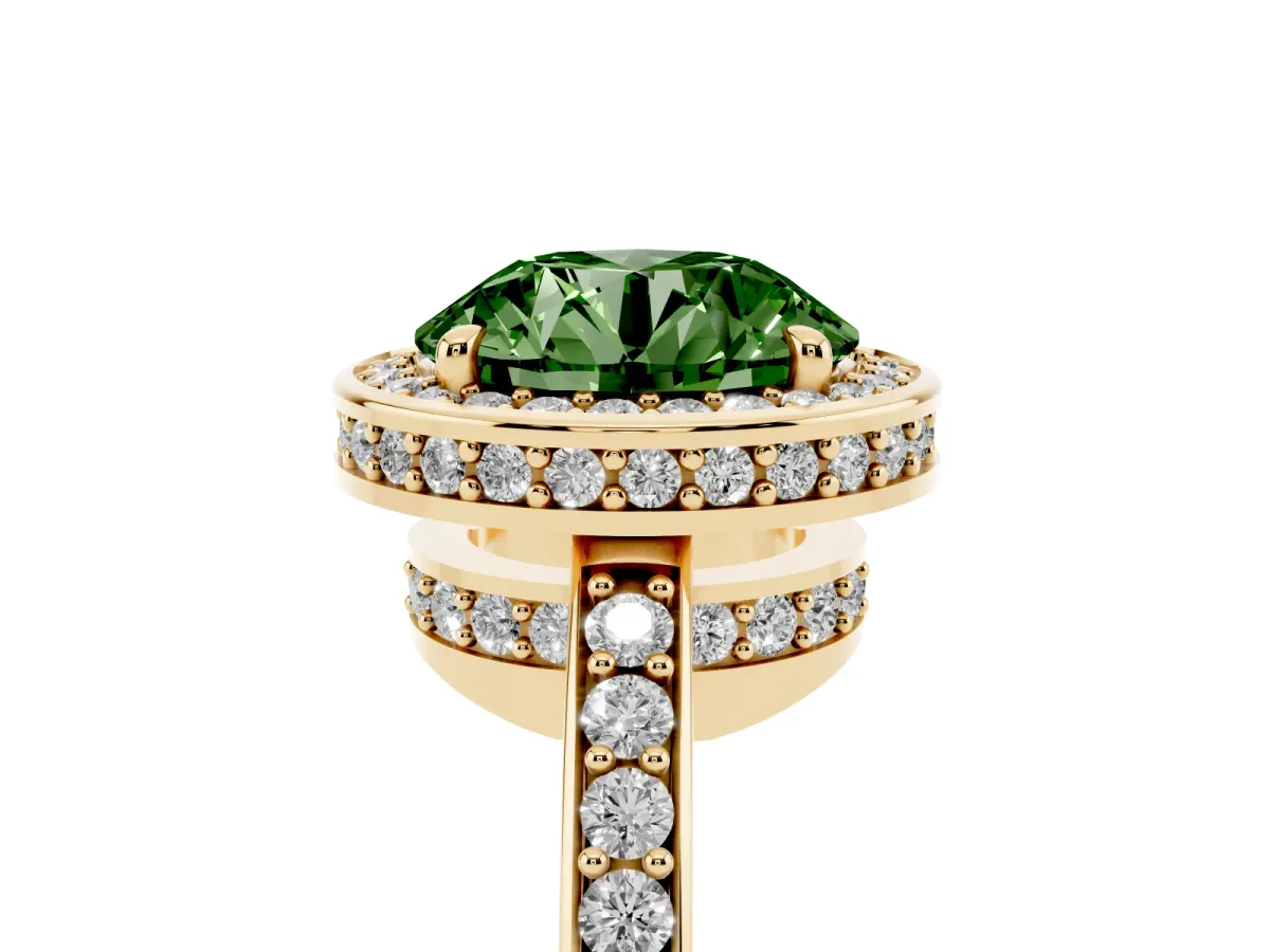 Fancy Green Round Cut Halo Pave Band Solitaire Ring with Prong Setting Yellow gold