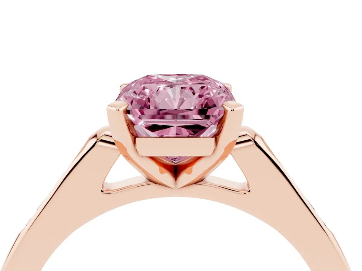 Fancy Pink Radiant Cut Diamond Solitaire Ring with Channel Set Round Band and Prong Setting Rose gold