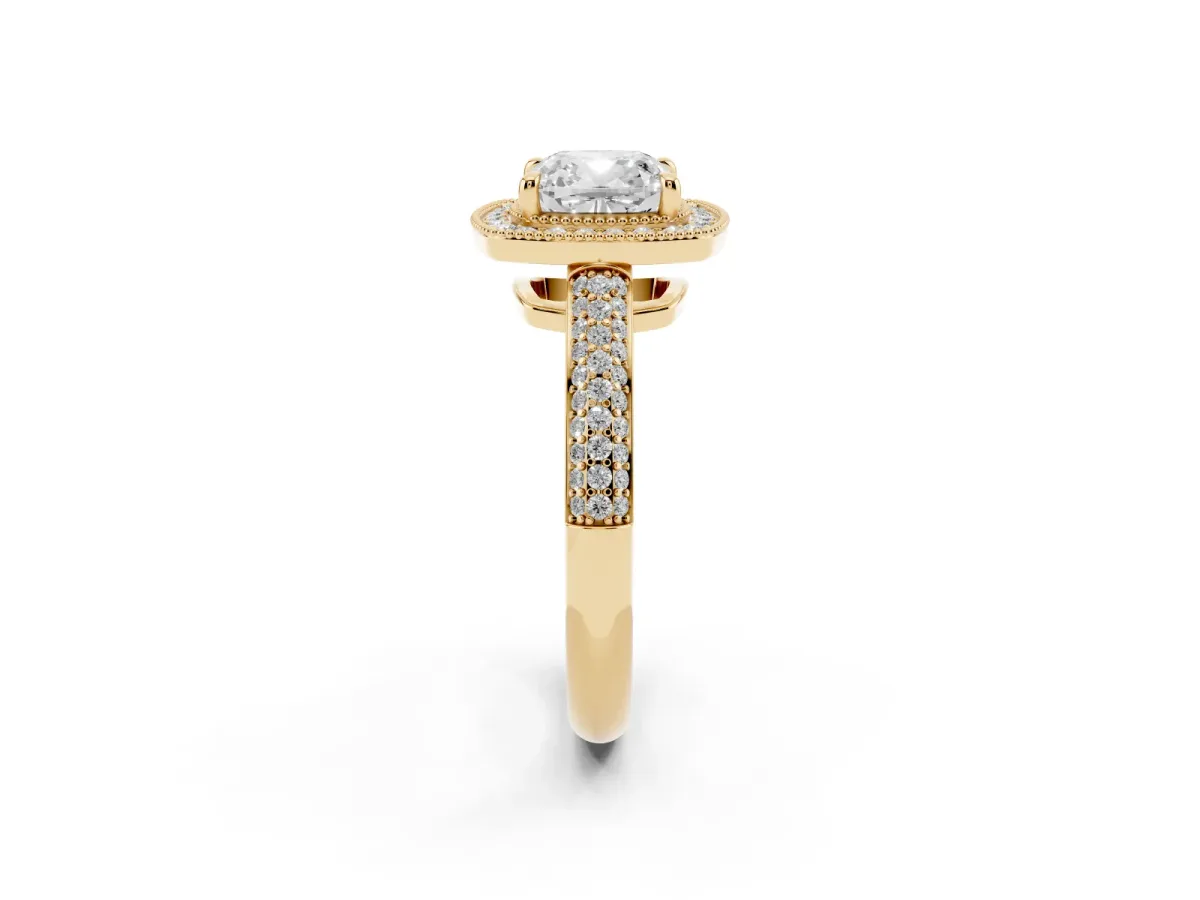 Cushion Cut Cut Halo Diamond Pave Band with Four-Prong Setting Yellow gold