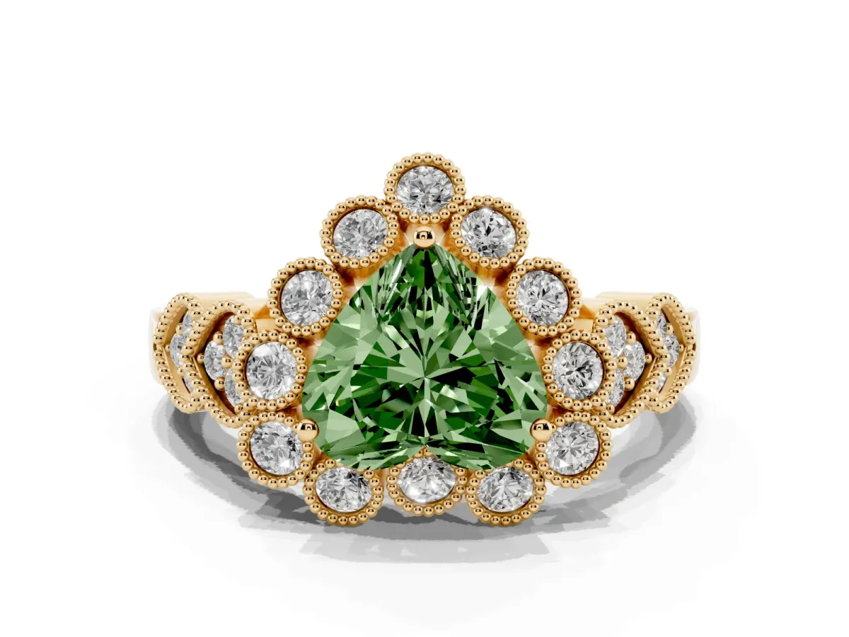 Fancy Green Heart Cut Brilliant Milgrain Pave Heart Band Solitaire Ring Yellow gold