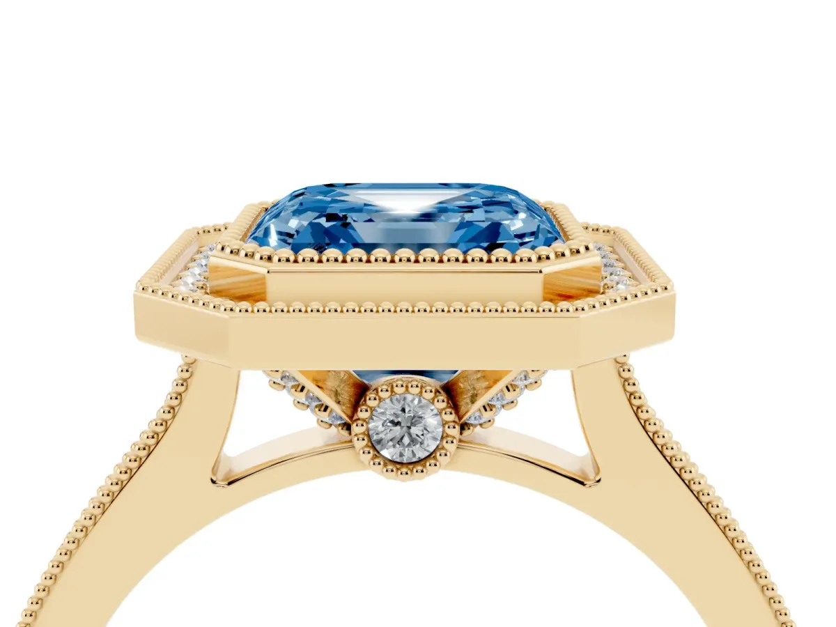 Fancy Blue Halo Asscher Cut-Cut Diamond Pave Band Milgrain Prong Setting Ring Yellow gold