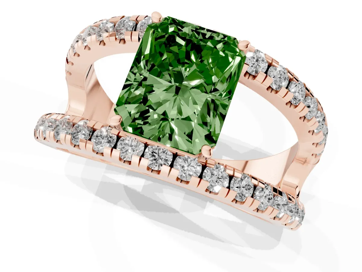 Fancy Green Radiant Cut Solitaire Split Shank Pave Diamond Ring Rose gold